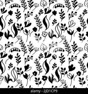 A seamless pattern of hand-drawn plant elements in doodle style. Small flowers, twigs, leaves on white background. Silhouettes. Vector in flat style. Stock Vector