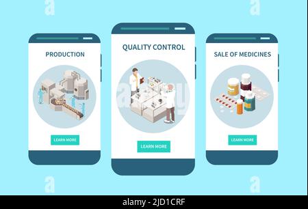 Pharmaceutical production inspection distribution registered for sale medication quality control 3 mobile screen isometric designs vector illustration Stock Vector
