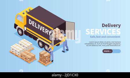 Reliable logistic services isometric landing page web banner with loading unloading local cargo delivery vehicle vector illustration Stock Vector