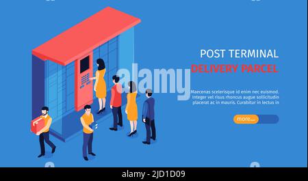 Isometric post terminal horizontal banner with editable text slider more button and people standing in line vector illustration Stock Vector