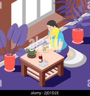 Cold flu treatment isometric composition with suffering from sore throat woman drinks hot tea background vector illustration Stock Vector