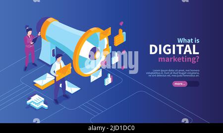 Isometric marketing strategy horizontal banner with editable text and icons with messaging mail pictograms and people vector illustration Stock Vector