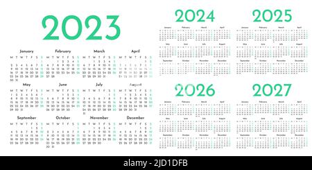 Set of green and white monthly calendar templates for 2023, 2024, 2025, 2026, 2027 years. Week starts on Monday. Album layout calendar in a minimalist Stock Vector