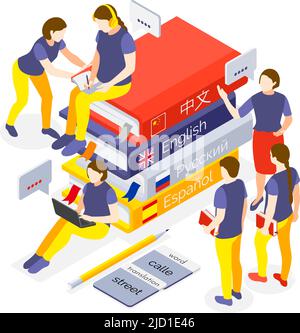 Language courses isometric composition with learning spanish english russian chinese online with electronic textbooks support vector illustration Stock Vector