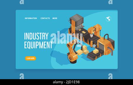 Isometric robot automation landing page with links industry equipment headline and learn more button vector illustration Stock Vector