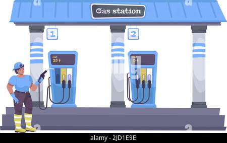Oil industry flat composition with view of automobile gas station with human character of worker vector illustration Stock Vector