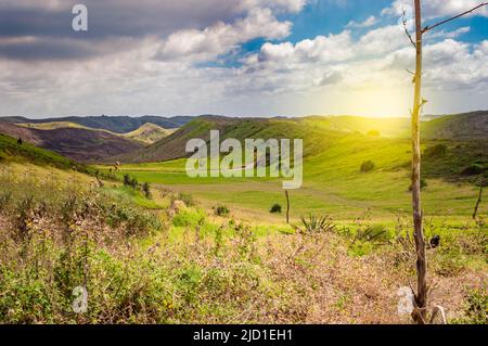 View of hills with clouds and blue sky, Meadow with green hills, Beautiful road leading to a hill Stock Photo