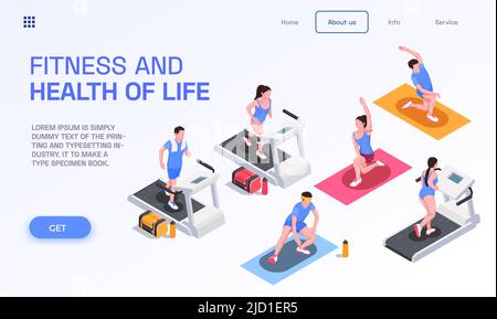 Running people page design with fitness symbols isometric vector illustration Stock Vector