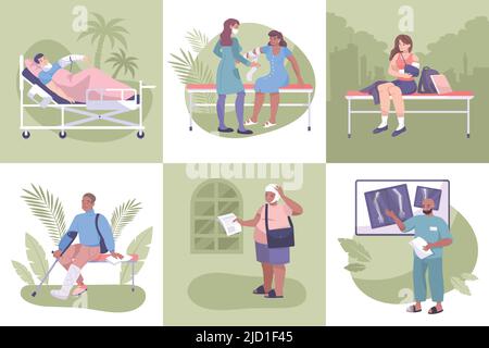 Fracture composition flat icon set patients with broken arms legs sprains and injuries vector illustration Stock Vector