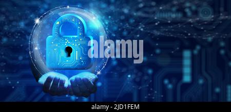 Business Hand holding Padlock with Keyhole and Network wireframe over blue background abstract. Cyber attack block, Cyber data,Information privacy. Stock Photo