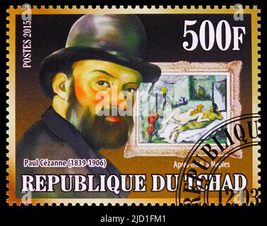 MOSCOW, RUSSIA - JUNE 12, 2022: Postage stamp printed in Chad shows Paul Cezanne, Afternoon in Naples, Impressionist artists serie, circa 2015 Stock Photo