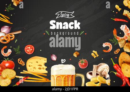 Realistic beer snacks with crackers cheese pretzels tomatoes herbs prawns mushrooms on black chalkboard background vector illustration Stock Vector