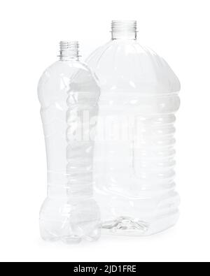 two empty new plastic bottle isolated on white background. production of containers Stock Photo