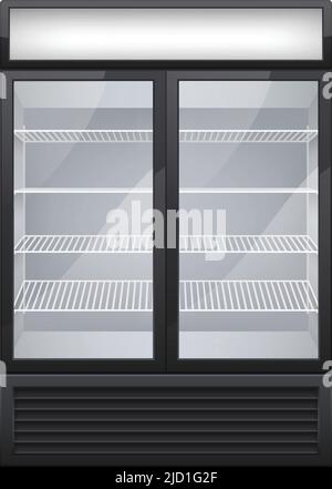 Commercial glass door drink fridge realistic composition with isolated image of shop fridge with two display doors vector illustration Stock Vector
