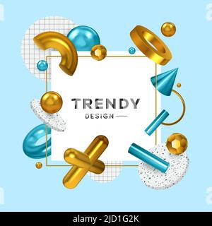 Trendy geometric shapes decorative elements faceted beads golden cross pendant rings cone realistic square frame vector illustration Stock Vector