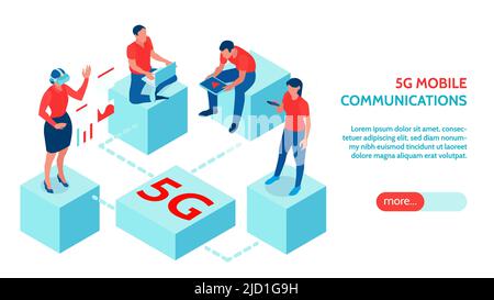People using high speed mobile 5g internet for working playing chatting horizontal isometric banner 3d vector illustration Stock Vector