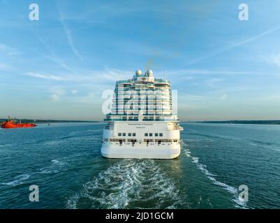 Enchanted Princess is a Royal-class cruise ship operated by Princess Cruises, a subsidiary of Carnival Corporation & plc. Aerial view. Stock Photo