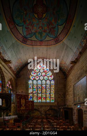 Notre-Dame-de-Roscudon church in the Flamboyant Gothic style, Pont-Croix, Cap Sizun, Finistere Penn ar Bed department, Bretagne Breizh region, France Stock Photo