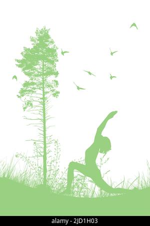 Young girl doing yoga in the park. Woman relaxing in the park . Vector illustration Stock Vector