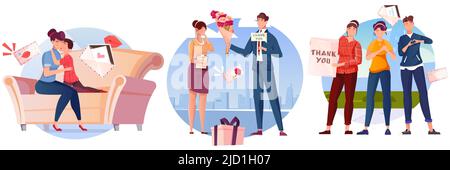 Thank you flat color compositions with cute young people folding heart from their fingers kissing and giving flowers isolated vector illustration Stock Vector