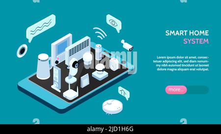 Smarthome system background horizontal web banner with remotely controlled home appliances on smartphone screen isometric vector illustration Stock Vector