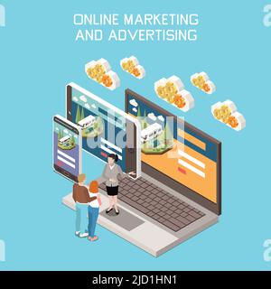 Digital marketing transformation concept with gadgets and human characters on blue background 3d isometric vector illustration Stock Vector
