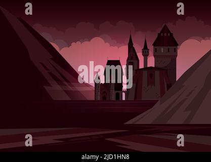 High medieval stone castle with towers in mountains at night flat vector illustration Stock Vector