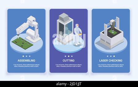 Semiconductor chip production isometric set of three vertical banners with page switches text and industrial facilities vector illustration Stock Vector