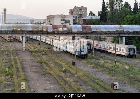Abandoned passenger wagons on railroad tracks overgrown with grass under the bridge Stock Photo