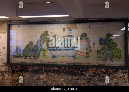 Mural of prisoners in the former potato peeling cellar of the camp kitchen, memorial site, concentration camp, Sachsenhausen, Oranienburg near Stock Photo