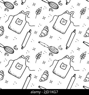 Seamless pattern of hand-drawn elements. Tools, chef's clothes and food: cap, oven mitts, whisk, ears of wheat and croissant. Doodle style vector illu Stock Vector