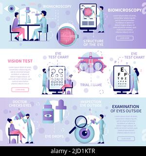 Ophthalmology flat set of horizontal banners with editable text clickable buttons and images of eye therapy vector illustration Stock Vector