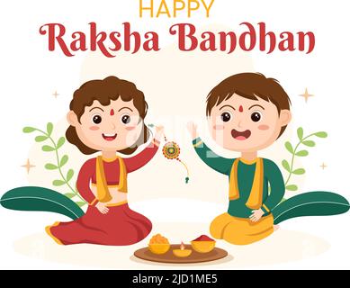 Happy Raksha Bandhan Cartoon Illustration with Sister Tying Rakhi on Her Brothers Wrist to Signify Bond of Love in Indian Festival Celebration Stock Vector