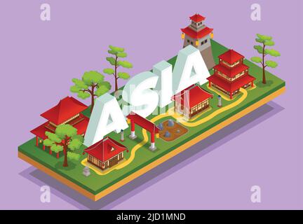 Asia isometric concept with architecture scenery and nature on pink background vector illustration Stock Vector