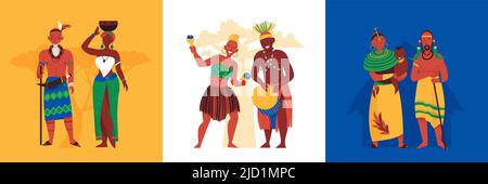 Africa design concept with set of square compositions with black african people characters wearing traditional costumes vector illustration Stock Vector