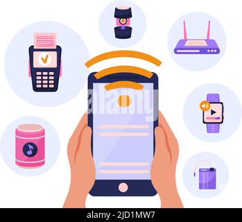 Wireless devices flat concept icons composition with smart watch router tablet loudspeaker mobile card payment vector illustration Stock Vector
