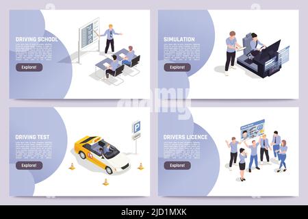 Online driving school advertising 4 isometric web banners with personal instructor practice simulation test licence vector illustration Stock Vector