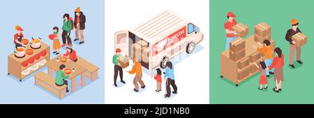 Humanitarian aid isometric design concept set of three square compositions with volunteers helping homeless people vector illustration Stock Vector