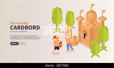 Eco friendly toys for children horizontal banner with boy and girl playing with cardboard castle and dragon isometric vector illustration Stock Vector