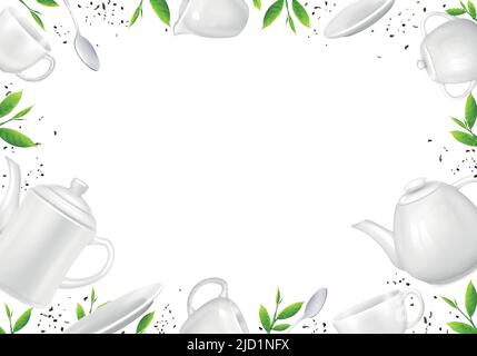 Tea realistic background composition with empty space surrounded by images of loose tea leaves and teapots vector illustration Stock Vector