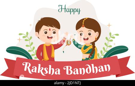 Happy Raksha Bandhan Cartoon Illustration with Sister Tying Rakhi on Her Brothers Wrist to Signify Bond of Love in Indian Festival Celebration Stock Vector
