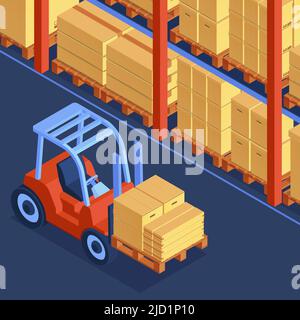 Isometric cardboard boxes composition with indoor view of warehouse with racks filled with packages and forklift vector illustration Stock Vector