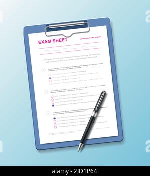 Realistic test paper questionnaire composition with exam sheet on holder pad with pen on gradient background vector illustration Stock Vector