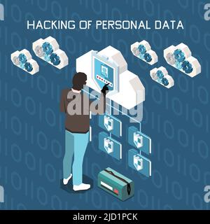 Digital privacy personal data protection isometric composition with editable text and hacker touching icons of cloud vector illustration Stock Vector