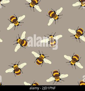 Seamless pattern with bees on color background. Small wasp. Vector illustration. Adorable cartoon character. Design for invitation, cards, textile Stock Vector