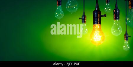 Lightbulb On Among Bulbs Off In Green Background - inspiration And Leadership Concept