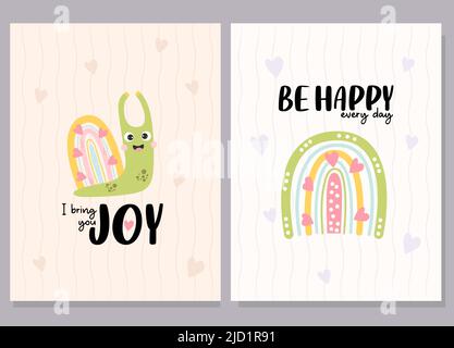 Postcard set with cute happy snail and decorative rainbow with positive slogans - I bring you joy and Be happy every day. Vector illustration. Cool Stock Vector