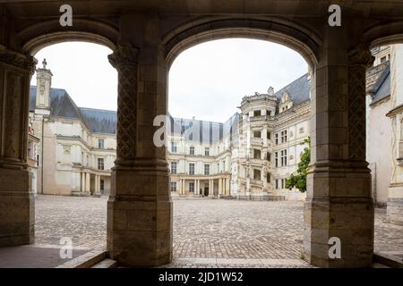 Château of Blois, interior façades in Classic, Renaissance style. The Château's the spiral staircase in the Francis I wing. Blois is a commune and the Stock Photo