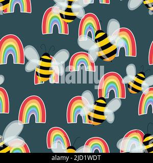 Seamless pattern with bees and rainbow. Small wasp. Vector illustration. Adorable cartoon character. Template design for invitation, cards, textile Stock Vector