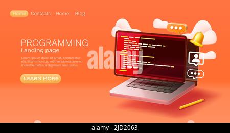 Landing page laptop programming, banner message. Vector illustration Stock Vector